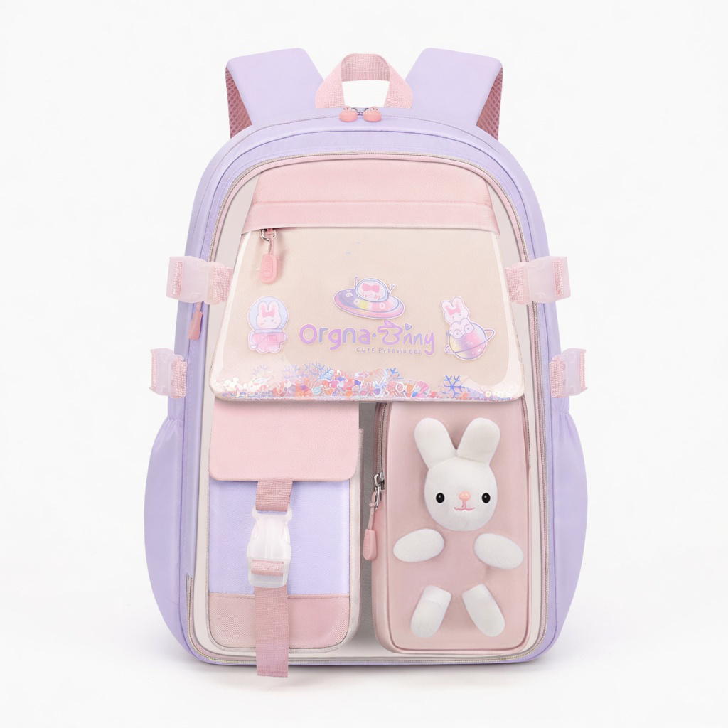 Adorable Pastel Bunny kids backpack with Plush Rabbit & Glitter