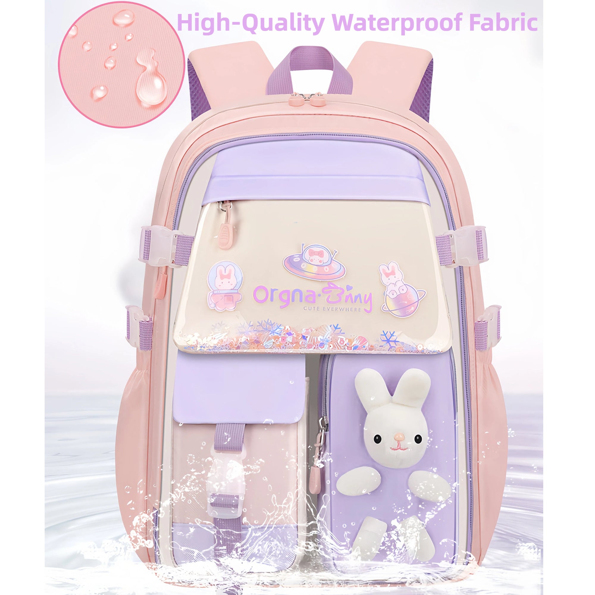 Adorable Pastel Bunny kids backpack with Plush Rabbit & Glitter